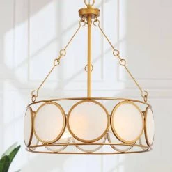 15.5 in. 3-Light Antique Gold Drum Chandelier, Modern Frosted Glass Round Pendant Light, Classic Pendant Hanging Light by Zevni
