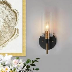 Modern 1-Light Brass Gold Wall Sconce, Black Vanity Light with Open Cylinder Clear Glass Shades Wall Light by Zevni
