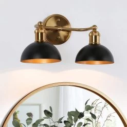 Modern 2-Light Black Bathroom Vanity Light, 14.5 in. Bowl Shape Bath Lighting Brass Gold Wall Sconce by Zevni