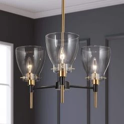 3-Light Black Round Chandelier for Dining Room, Transitional Brass Gold Pendant Light with Cone Clear Glass Shades by Zevni