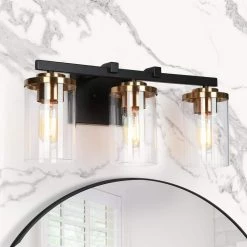 20 in. Modern 3-Light Black Vanity Light, Transitional Wall Light Straight Bar with Cylinder Clear Glass Shade by Zevni