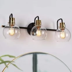 23 in. 3-Light Black Bathroom Vanity Light, Modern Polished Brass DIY Bath Light, Classic Globe Clear Glass Wall Sconce by Zevni