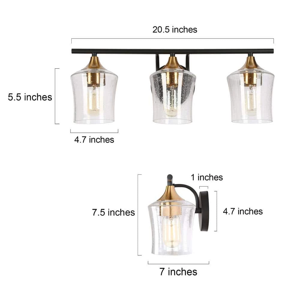 20.5 in. Modern 3-Light Black Bathroom Vanity Lights Brass Gold Bath Lighting Seeded Glass Shade Wall Sconce by Zevni - Image 2