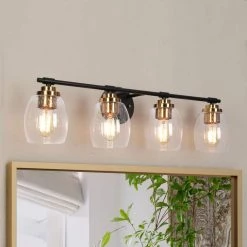 28.5 in. 4-Light Black Bathroom Vanity Light, Seeded Glass Modern Bath Lighting, Brass-Plated Wall Sconce for Mirrors by Zevni