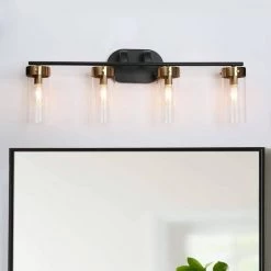 29 in. Modern 4-Light Black and Brass Gold Bathroom Vanity Light, Clear Glass Shade Bath Lighting Cylinder Wall Sconce by Zevni
