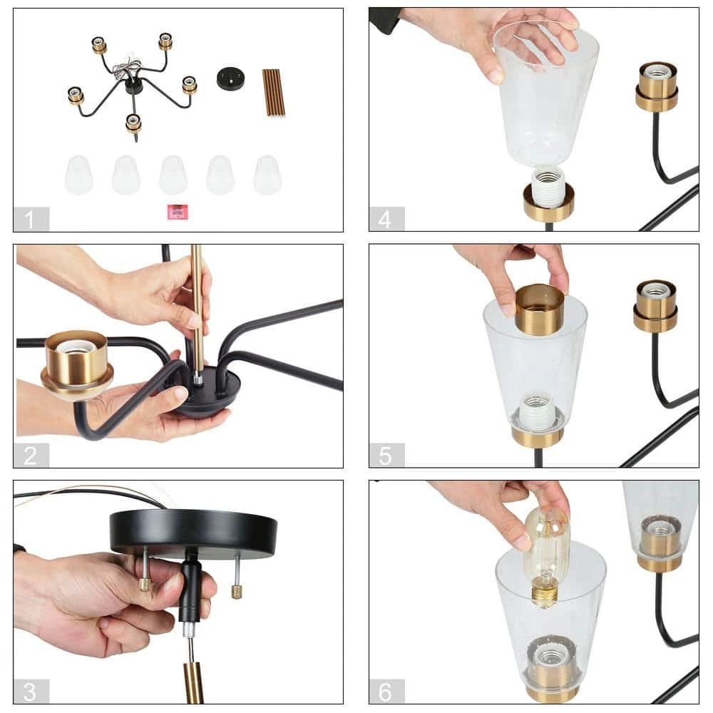 5-Light Black Island Chandelier Lighting, Seeded Glass Brass Gold Pendant Light, Modern Farmhouse Light Fixture by Zevni - Image 6