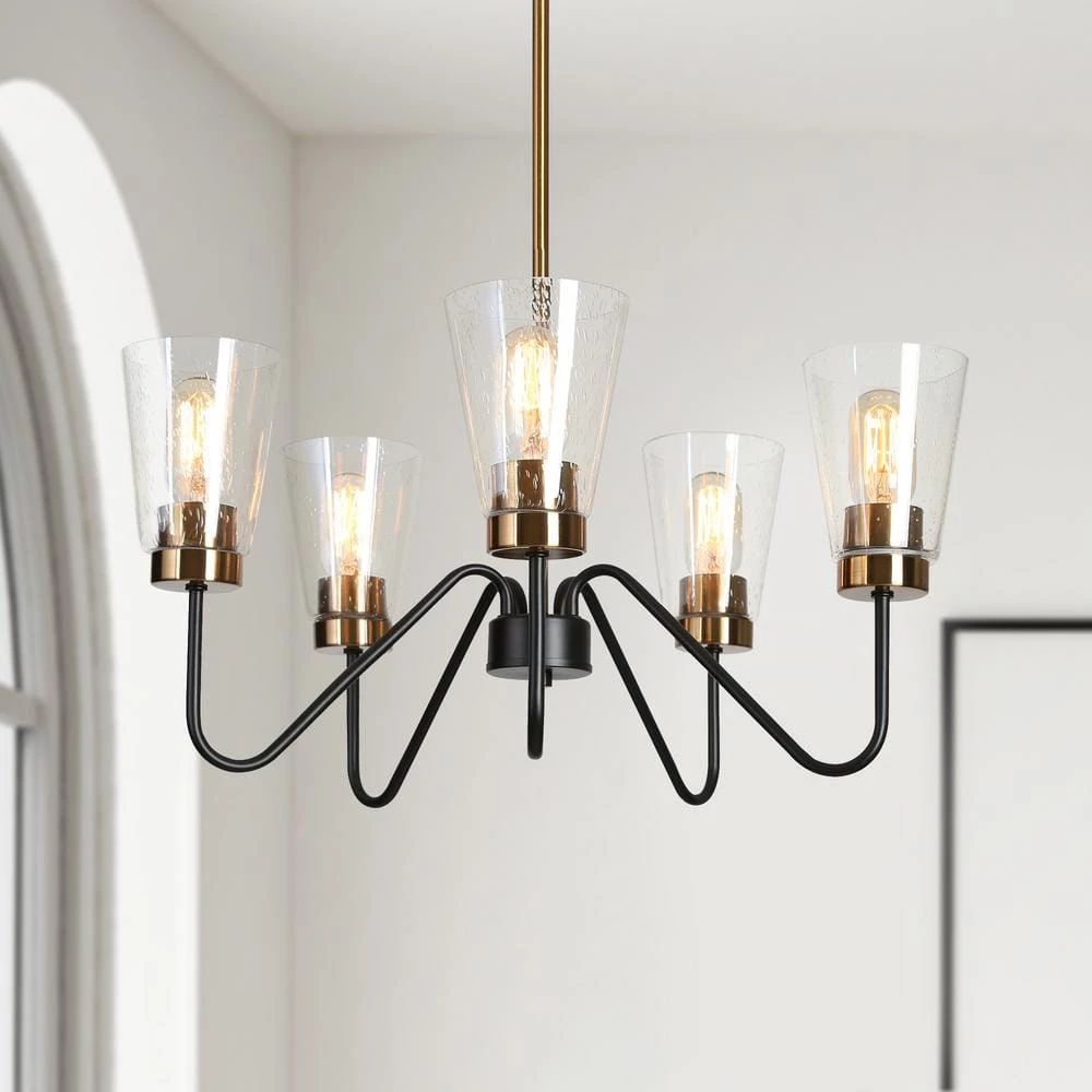 5-Light Black Island Chandelier Lighting, Seeded Glass Brass Gold Pendant Light, Modern Farmhouse Light Fixture by Zevni