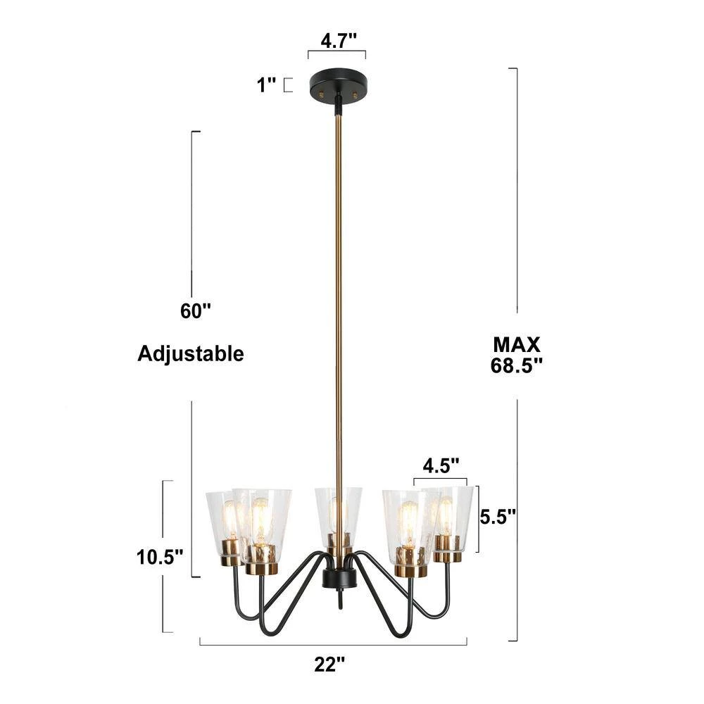 5-Light Black Island Chandelier Lighting, Seeded Glass Brass Gold Pendant Light, Modern Farmhouse Light Fixture by Zevni - Image 3