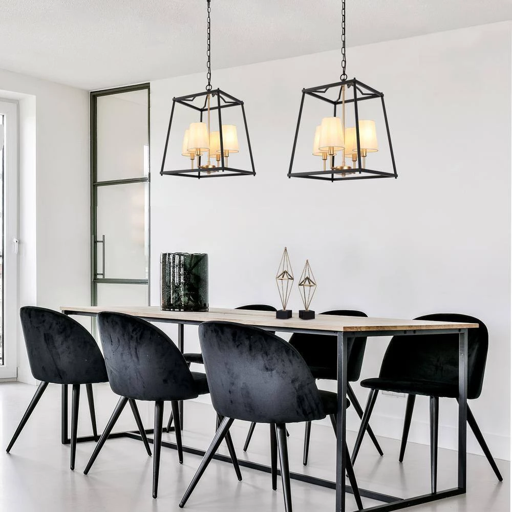 Classic 4-Light Black Cage Chandelier Lighting with Fabric Shades, Modern Square Pendant Light for Dining Room by Zevni - Image 3