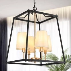 Classic 4-Light Black Cage Chandelier Lighting with Fabric Shades, Modern Square Pendant Light for Dining Room by Zevni