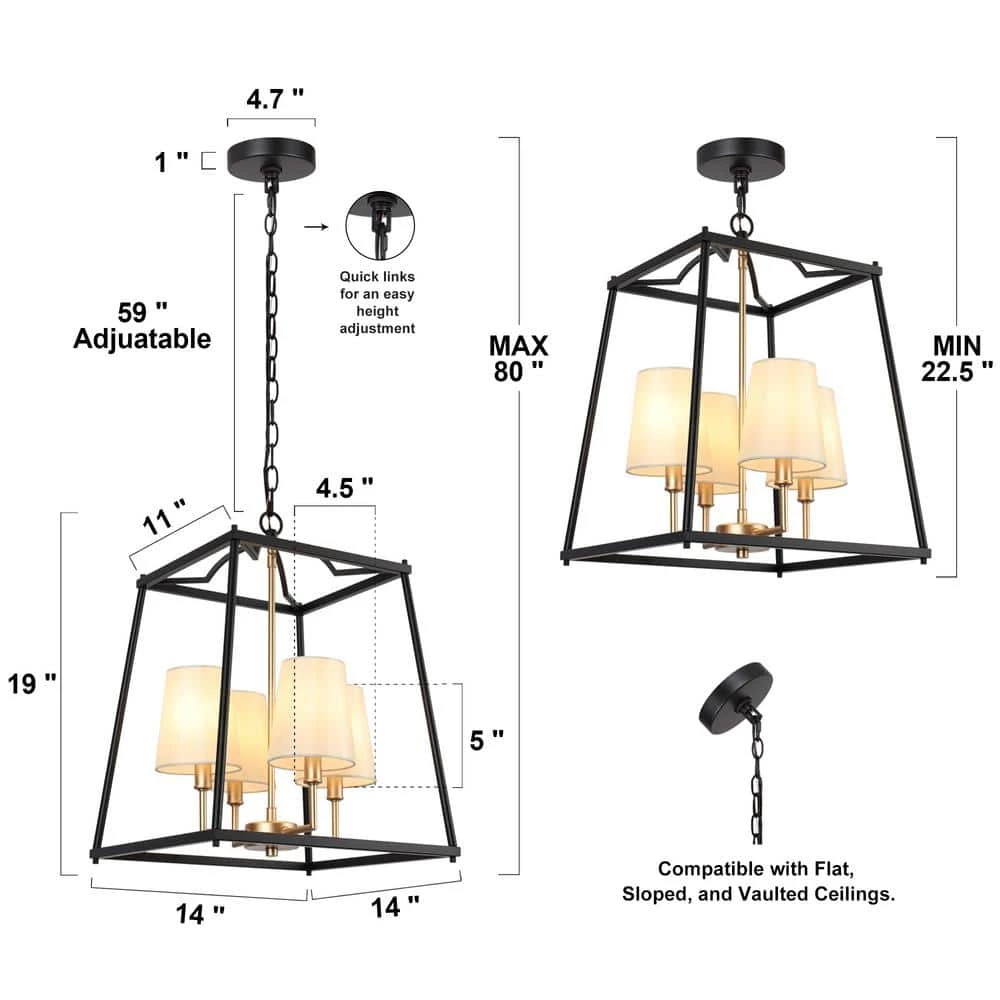 Classic 4-Light Black Cage Chandelier Lighting with Fabric Shades, Modern Square Pendant Light for Dining Room by Zevni - Image 4