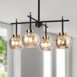 Ceedar 4-Light Modern Black Chandelier Light, Farmhouse Square Hanging Pendant with Globe Mercury Glass Shade by Zevni