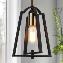 1-Light Black Farmhouse Mini Pendant Light, Modern Brass Gold Pendant Hanging Light Metal Caged by Zevni
