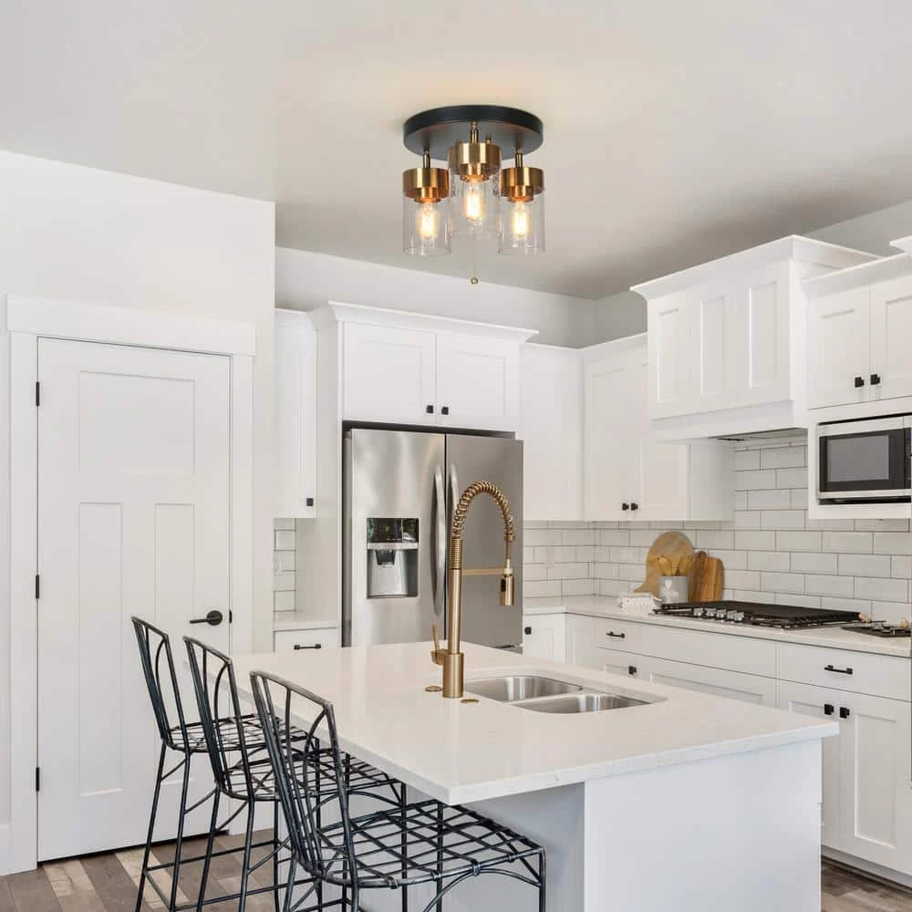 18 in. 3-Light Black Modern Semi-Flush Mount, Brass Gold Ceiling Light with Cylinder Seeded Glass Shade by Zevni - Image 3