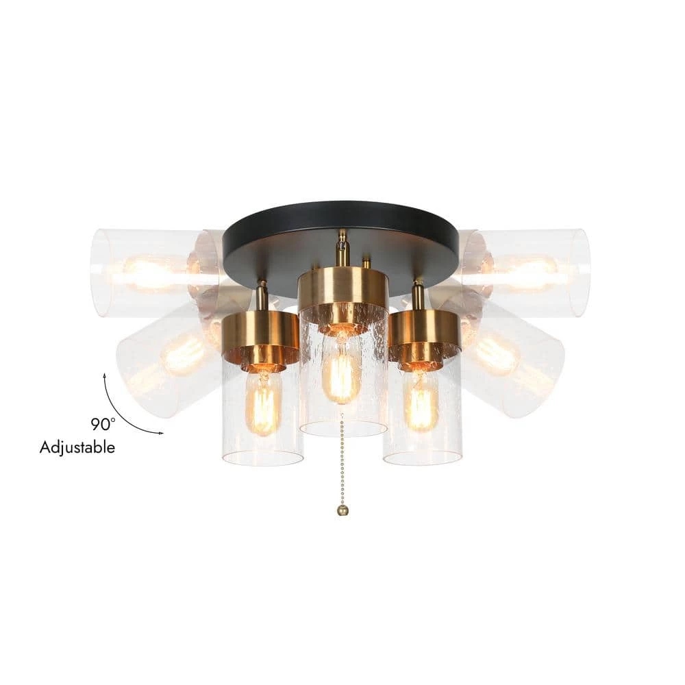 18 in. 3-Light Black Modern Semi-Flush Mount, Brass Gold Ceiling Light with Cylinder Seeded Glass Shade by Zevni - Image 6