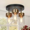 18 in. 3-Light Black Modern Semi-Flush Mount, Brass Gold Ceiling Light with Cylinder Seeded Glass Shade by Zevni