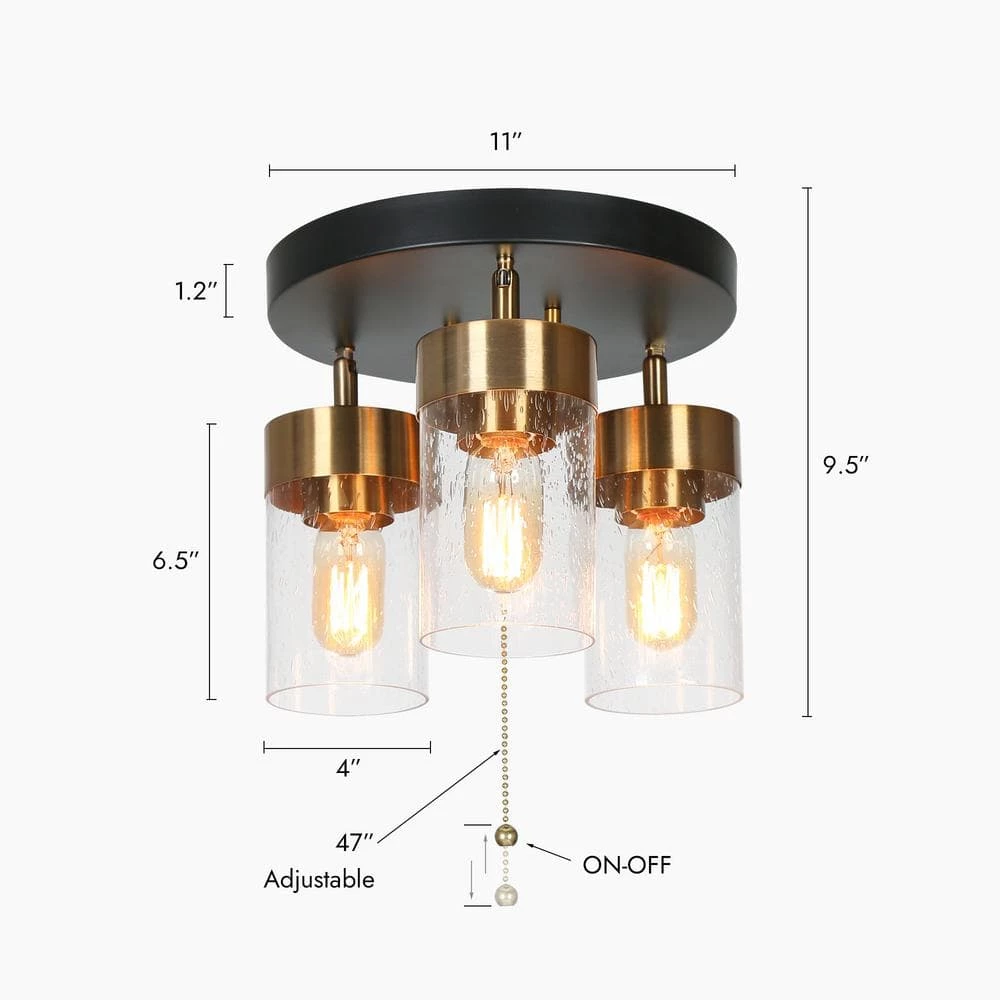 18 in. 3-Light Black Modern Semi-Flush Mount, Brass Gold Ceiling Light with Cylinder Seeded Glass Shade by Zevni - Image 4