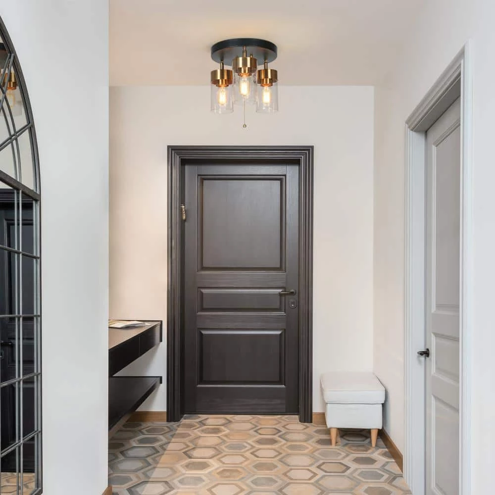 18 in. 3-Light Black Modern Semi-Flush Mount, Brass Gold Ceiling Light with Cylinder Seeded Glass Shade by Zevni - Image 2