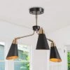 Flumie 22 in. 3-Light Black Semi-Flush Mount, Industrial Brass Gold Ceiling Light with Metal Cone Shades by Zevni