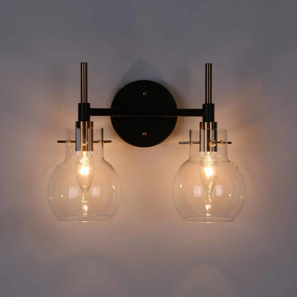 Animy 12.5 in. 2-Light Black Bathroom Vanity Light, Modern Globe Clear Glass Bath Lighting, Farmhouse Brass Wall Sconce by Zevni - Image 2