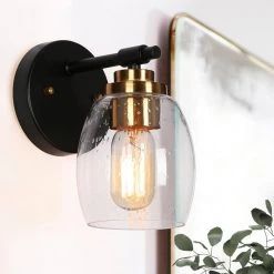 Buluse 1-Light Black Modern Indoor Wall Sconce, Seeded Glass Wall Light, Brass Gold Bathroom Vanity Light by Zevni