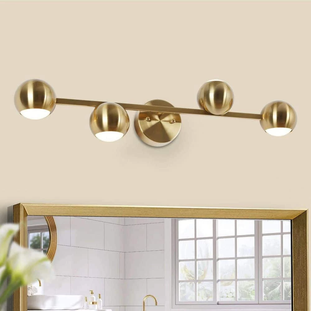 29 in. 4-Light Modern Brass Integrated LED Bathroom Vanity Light, Transitional Globe Bath light, Powder Room Wall Sconce by Zevni