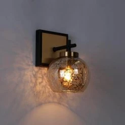 Ceedar Modern 1-Light Brass Gold Indoor Wall Sconce, Globe Mercury Glass Wall Light, Modern Black Bathroom Vanity Light by Zevni