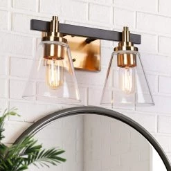 14 in. 2-Light Brass Gold Bathroom Vanity Light, Cone Clear Glass Bath Lighting, Modern Black Indoor Wall Sconce by Zevni