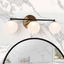 Fullur 22 in. 3-Light Matte Black and Brass Plated Bathroom Vanity Light Integrated LED Bath Light with Frosted Glass by Zevni