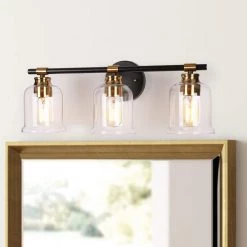 Transitional 21.5 in. 3-Light Brass Gold Vanity Light with Bell Clear Glass Shades by Zevni
