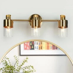 19.5 in. Adjustable 3-Light Brass Gold Bathroom Vanity Light Modern Bath Lighting with Cylinder Clear Glass Shades by Zevni
