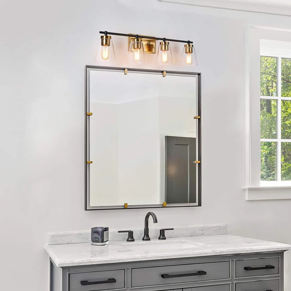 Cucko 29 in. 4-Light Brass Gold Modern Bathroom Vanity Light, Cone Clear Glass Bath Lighting, Black Indoor Wall Sconce by Zevni - Image 3