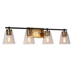 Cucko 29 in. 4-Light Brass Gold Modern Bathroom Vanity Light, Cone Clear Glass Bath Lighting, Black Indoor Wall Sconce by Zevni