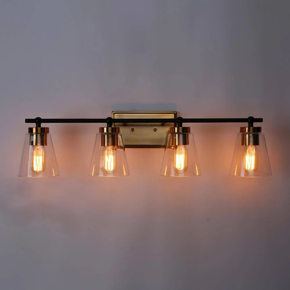 Cucko 29 in. 4-Light Brass Gold Modern Bathroom Vanity Light, Cone Clear Glass Bath Lighting, Black Indoor Wall Sconce by Zevni - Image 2