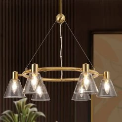 26.5 in. 6-Light Brass Gold Modern Round Chandelier Lighting, Cone Seeded Glass Pendant Light, Farmhouse Hanging Light by Zevni