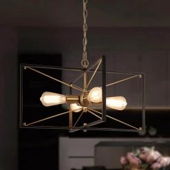 Connty 4-Light Brass Gold Kitchen Island Chandelier, Modern Black Rectangular Pendant Light for Dining Room, Entryway by Zevni