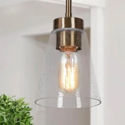 Modern 1-Light Brass Gold Cone Pendant Light, Black Industrial Pendant Hanging Light with Seeded Glass Shade by Zevni