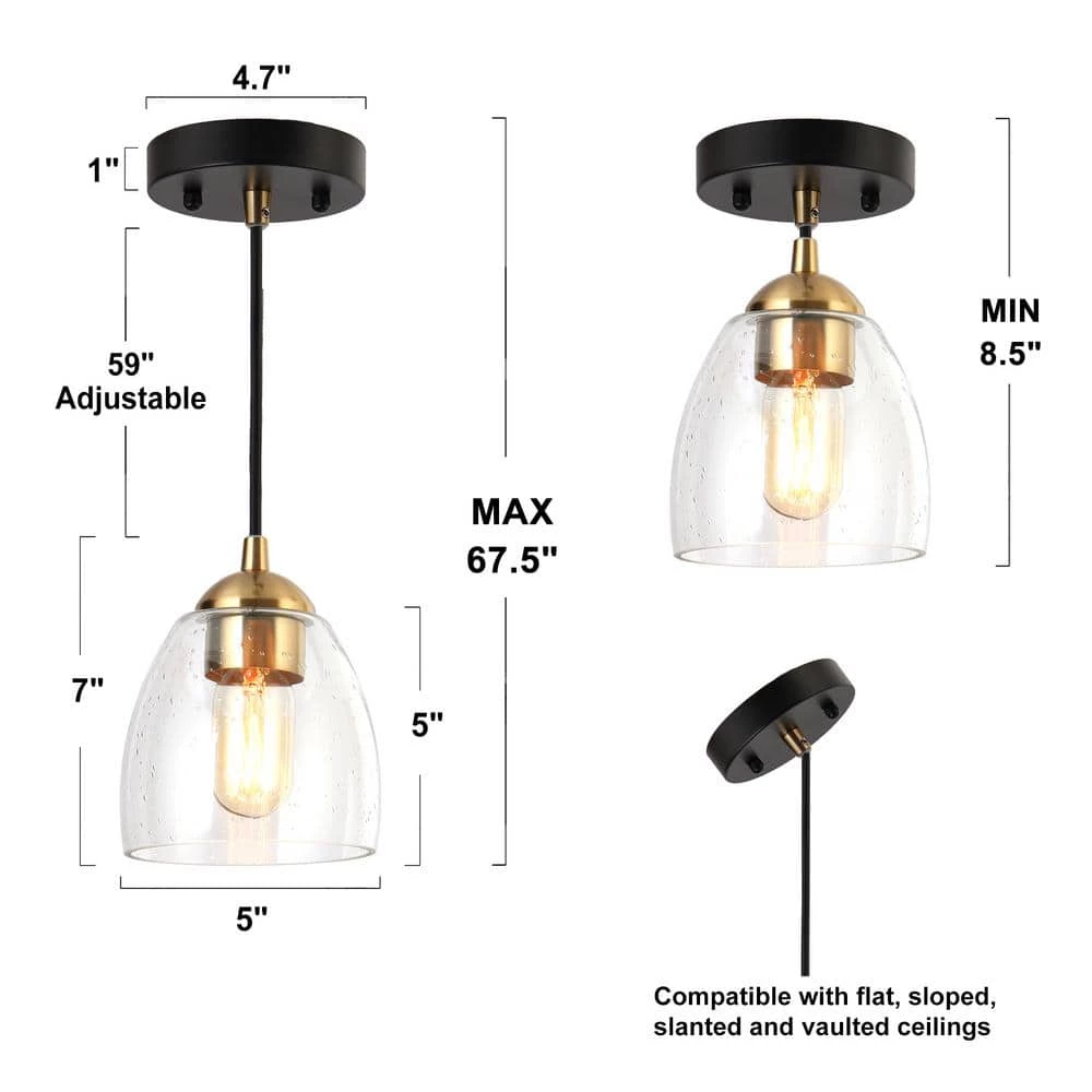 1-Light Brass Gold Mini Pendant Light, Seeded Glass Black Pendant Hanging Light, Modern Light Fixture for Kitchen Island by Zevni - Image 4