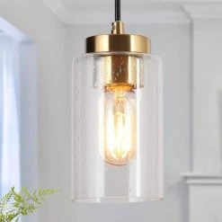 4.7 in. 1-Light Brass Gold Mini Pendant Light, Seeded Glass Pendant Hanging Light, Modern Black Light Fixture by Zevni