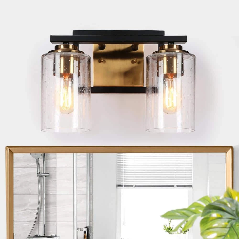 Modern 12 in. 2-Light Brass Gold Bathroom Vanity Light, Seeded Glass Bath Lighting, Transitional Black Wall Sconce by Zevni