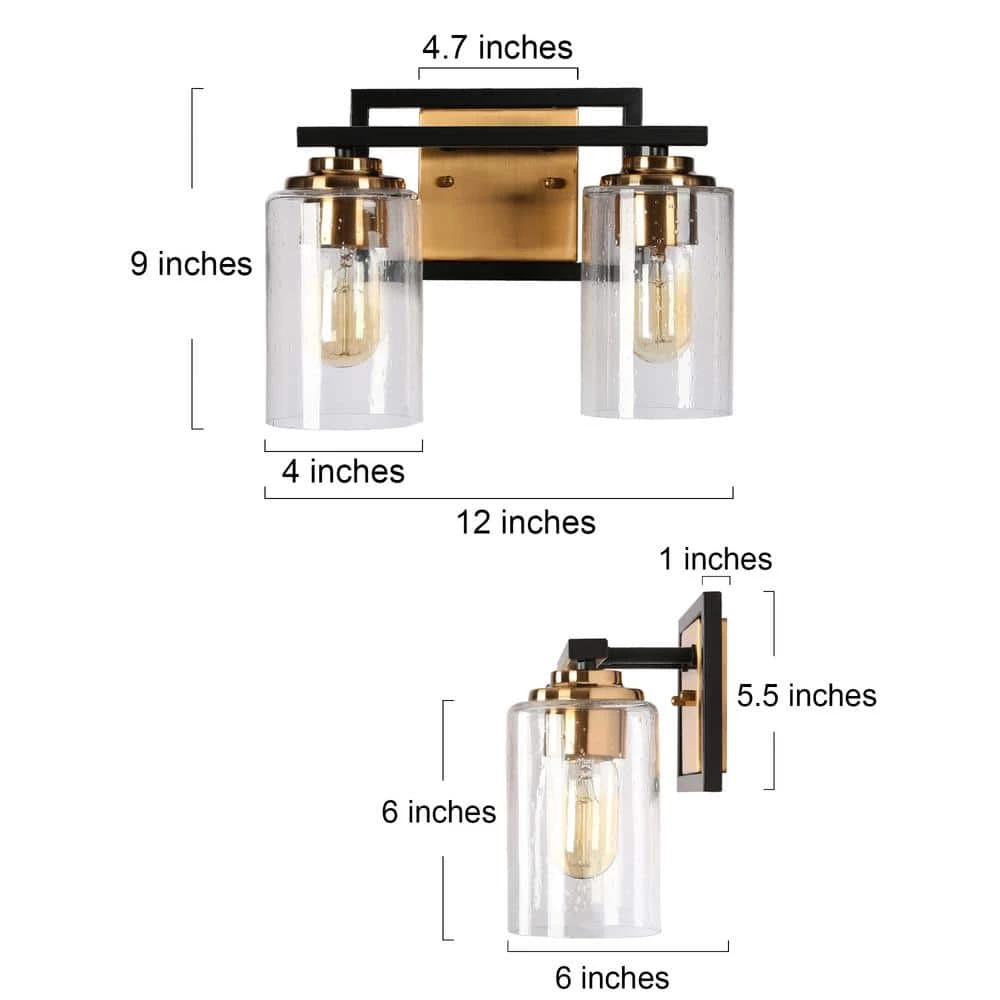 Modern 12 in. 2-Light Brass Gold Bathroom Vanity Light, Seeded Glass Bath Lighting, Transitional Black Wall Sconce by Zevni - Image 3
