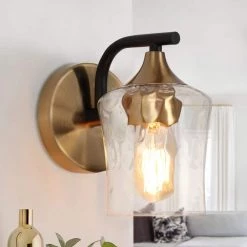 Jallie Classic 1-Light Brass Gold Water Glass Wall Sconce, Contemporary Cylinder Vanity Light Black Wall Light by Zevni
