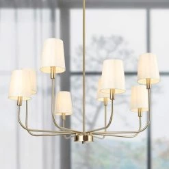 Bluec 31 in. 8-Light Brass-Plated Modern Sputnik Chandelier, Farmhouse Fabric Pendant Light, Linear Light Fixture by Zevni