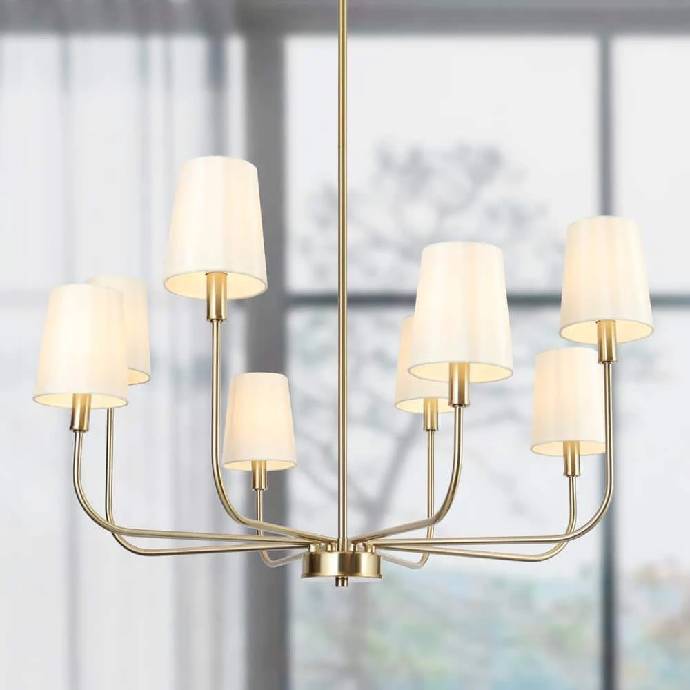 Bluec 31 in. 8-Light Brass-Plated Modern Sputnik Chandelier, Farmhouse Fabric Pendant Light, Linear Light Fixture by Zevni