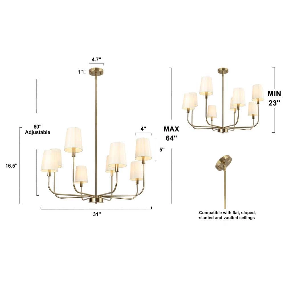 Bluec 31 in. 8-Light Brass-Plated Modern Sputnik Chandelier, Farmhouse Fabric Pendant Light, Linear Light Fixture by Zevni - Image 4