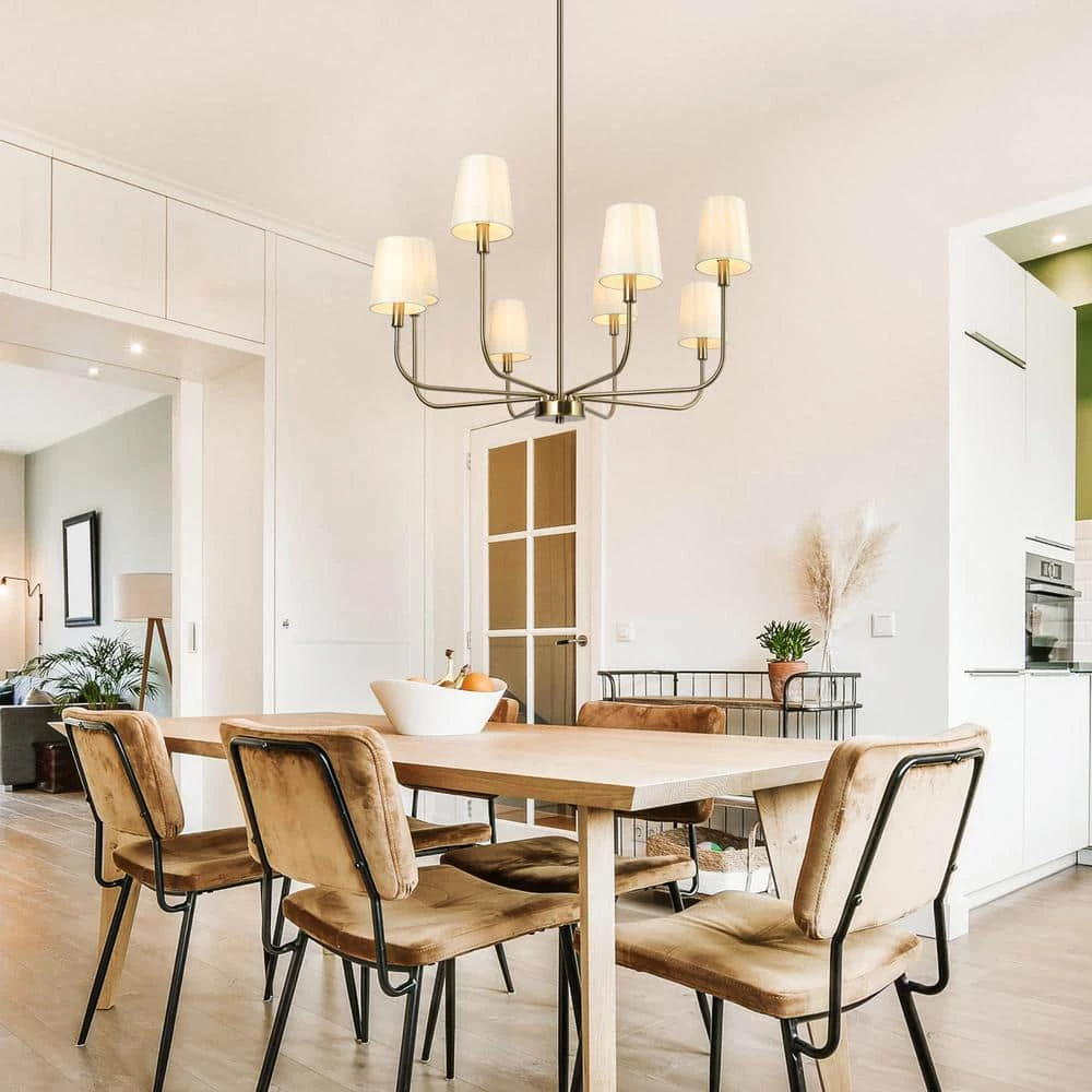 Bluec 31 in. 8-Light Brass-Plated Modern Sputnik Chandelier, Farmhouse Fabric Pendant Light, Linear Light Fixture by Zevni - Image 2