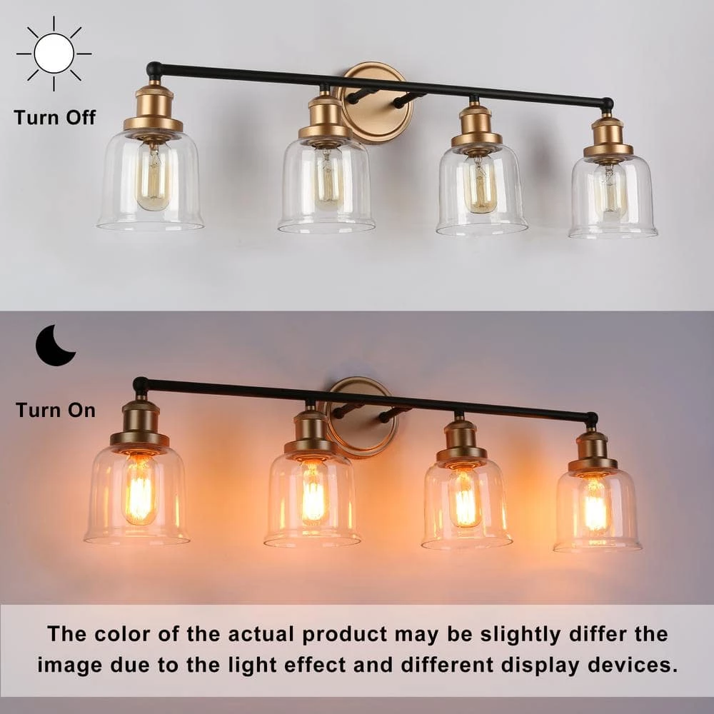 30 in. 4-Light Dark Gold Bathroom Vanity Light for Mirrors, Bell Clear Glass Bath Lighting, Modern Indoor Wall Sconce by Zevni - Image 5