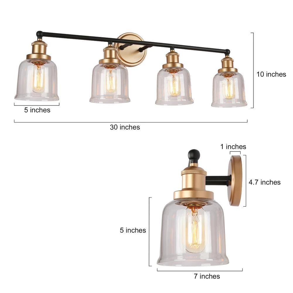 30 in. 4-Light Dark Gold Bathroom Vanity Light for Mirrors, Bell Clear Glass Bath Lighting, Modern Indoor Wall Sconce by Zevni - Image 3