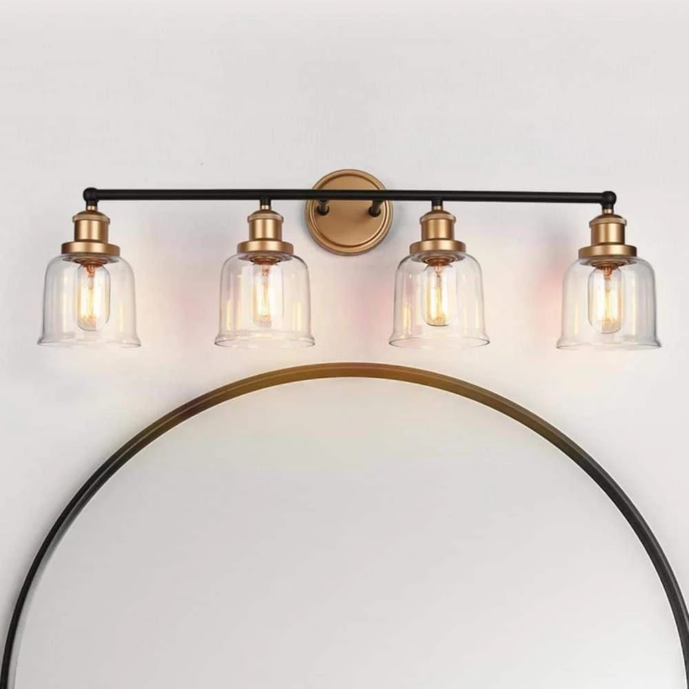 30 in. 4-Light Dark Gold Bathroom Vanity Light for Mirrors, Bell Clear Glass Bath Lighting, Modern Indoor Wall Sconce by Zevni