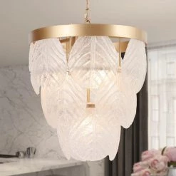 Leaf-Shaped Frosted Glass Pendant Light, 4-Light Modern Dark Gold Chandelier Lighting, Farmhouse Hanging Light Fixture by Zevni